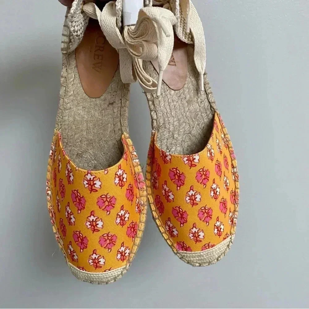 J.Crew Factory Printed Canvas Ankle Wrap Espadrille Sandals Orange Floral 8